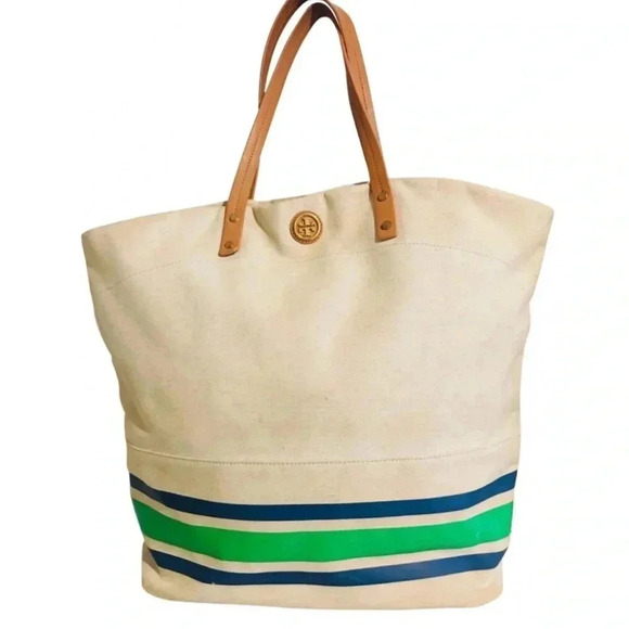 Tory Burch beige/ blue green striped canvas hobo handbag - Picture 1 of 8
